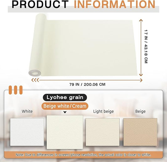 Leather Repair Tape, 17 X 79 in Leather Repair Kit for Furniture, Self Adhesive Repairing Patch Large Vinyl Patch Tape for Sofa, Car Interior, Couch, Car Interior, Car Seats(Beige White/Cream)