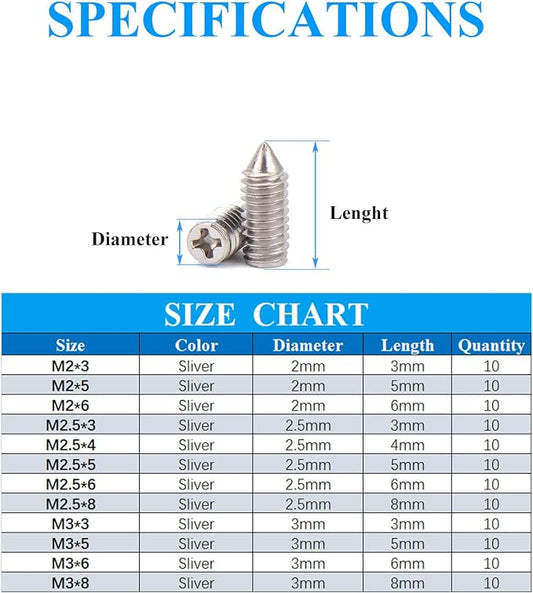 120 pcs Nickel Plated Tip Screws Pointed Cross Slot Leather Accessories 12 Sizes Belt Screws Include M2*3-M2*6, M2.5 * 3-M2.5 * 8, M3*3-M3*8 with 2mm Screwdriver for Belt Buckle Wallet Handbag Purse