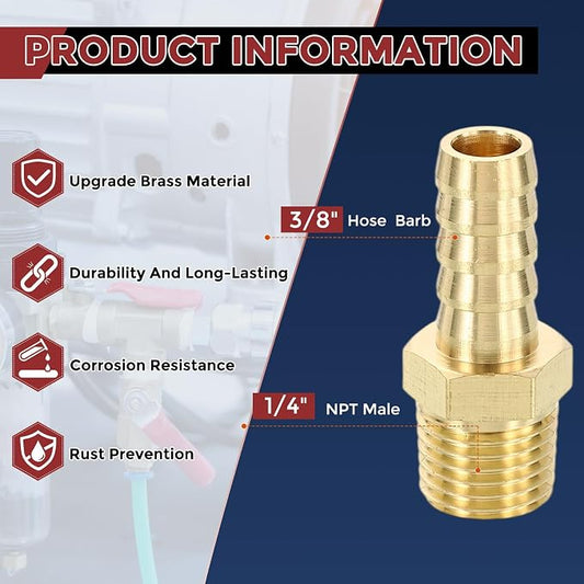 Pack of 6 Brass Hose Barb Fittings 3/8" Hose Barb to 1/4" NPT Male Fittings with 6pcs Stainless Steel Hose Clamps for Home Machines, Massage Bathtubs, and Irrigation Systems