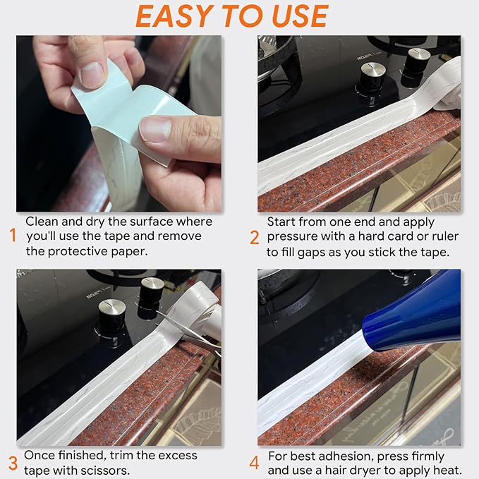 UIOCSSC Caulk Tape Strip, 1.5" x 10.5Ft Self Adhesive Bath & Kitchen Sealant Strip, PVC Waterproof Sealing Tape for Bathtub Toilet Bathroom Shower Kitchen Sink