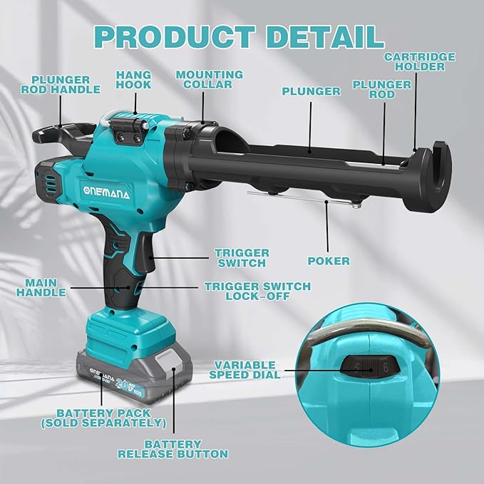 20V Caulking Gun Anti-drip Caulk Gun with 10oz/300ml Led Light Caulking Gun Tool 6 Adjustable Speeds Caulking Tool for Filling (Tools Only)