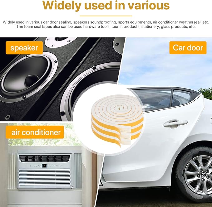 Door Weather Stripping-3 Rolls, 1/2 Inch Wide X 1/2 Inch Thick Total 20 Feet Long, Adhesive Foam Seal Tape for Window Insulation(6.5ft x 3 Rolls)