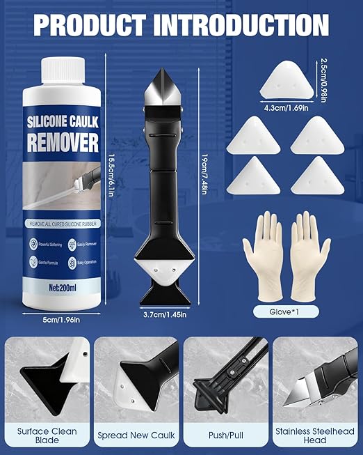 Caulk Remover, Silicone Caulk Remover, Stronger and Specialized Formula, Safer Around Family, with 3 in 1 Remove Scraper, Easily Remove from Surfaces Like Bathtubs, Showers, Windows, Kitchens, 200ml
