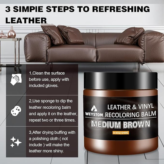Leather Recoloring Balm - Medium Brown Leather Repair Kit for Furniture, Dye, Recolor, Renew, Repair & Restore Aged, Faded, Cracked, Peeling and Scuffed