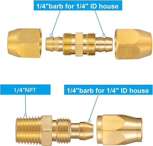 Soild Brass 4pcs 1/4" Barb(1/4" ID Polyurethane Hose) x 1/4" NPT and 4PCS Soild Brass Air Reusable Splicer For 1/4-Inch ID Hose