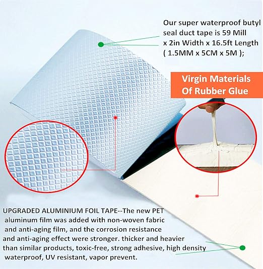 COSIMIXO Aluminum Foil Butyl Tape 2" x 16.5Ft (5cm x 5m) Extra Thickness Upgraded Strong Butyl Waterproof Tape, Repair for Boat,Pipe, HVAC Ducts, Roof Crack, RV, Awning, Window Sealing, Silver