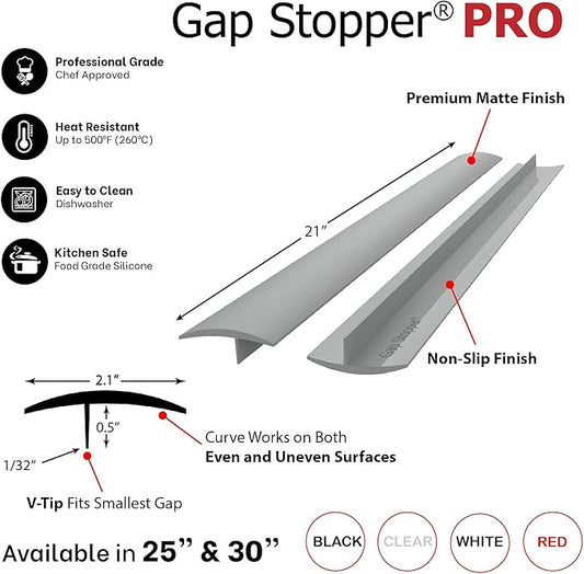 Gap Stopper® Pro - 21" Gray, Professional Grade, FDA Heavy 8.6 oz Silicone, Set of 2, Covers Gap between Stove & Countertops