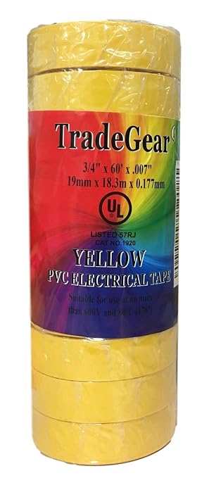 TradeGear Yellow 10 Pack - UL Listed Colored Electrical Tape, 60 ft x 3/4 in, 600V, Flame Retardant, Waterproof, Rubber Adhesive - Phase Marking, Wire ID, Automotive