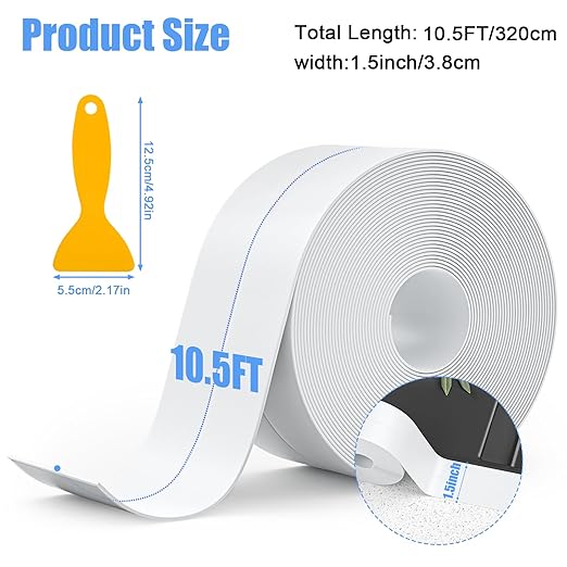 SENKEI Caulk Tape 3 Rolls 1.5in x 10.5ft Shower Door Bottom Seal, White Caulking Strip for Waterproof Trim in Toilet, tub, Kitchen & Walls, Kitchen Sink Splash Guard, Home Improvement caulking Tool