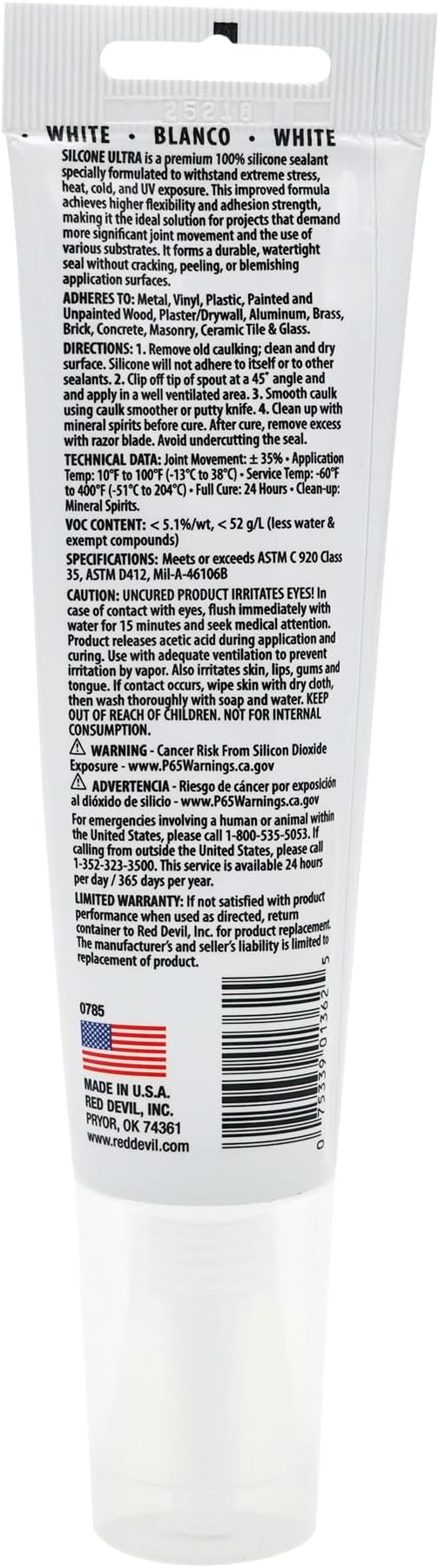 Red Devil 0785 Silicone Ultra 100% RTV Silicone Sealant, 2.8 oz. Tube, White, 1 Pack