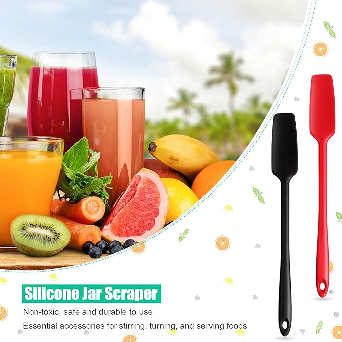 Patelai 4 Pieces Silicone Jar Spatula with Long Handle Heat Resistant Kitchen Scraper Spatula Non Stick Rubber Silicone Scraper for Jam Smoothies Blenders Cooking Baking Stirring (Red,Black)