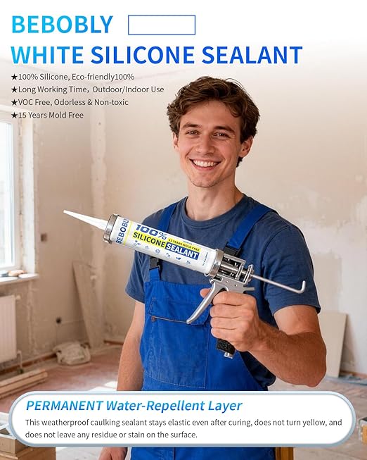 Silicone Caulk & Sealant White, 100% Waterproof Silicone Sealant, Shrink & Crack Proof, Silicone Caulking for Kitchen, Bathroom, RV, Interior & Exterior Use, 10.2 FL. OZ/300ML, 12 Pack