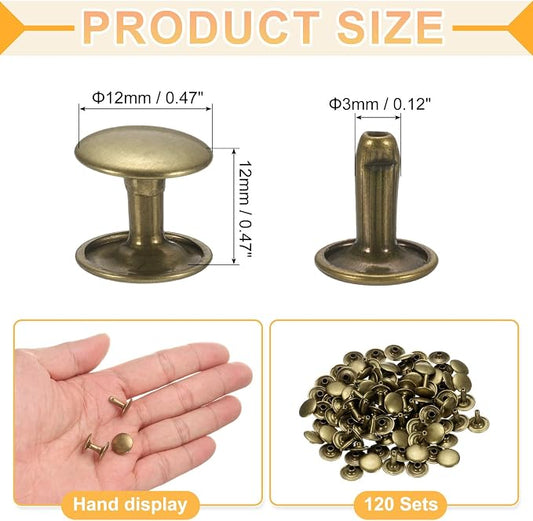 uxcell 120Set Leather Rivets, 12mm Double Cap Rivet Tubular Metal Studs Repairs Decoration Craft Accessories for Repair Decorate Leather Craft Belt Bag Shoes Purse Belts, Bronze