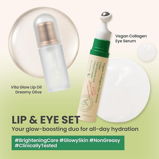 AXIS-Y Lip & Eye Set - Vita Glow Lip Oil Dreamy Olive & Vegan Collagen Eye Serum - Amazon Exclusive Korean Skin Care Kit - Limited Edition Hydra Barrier Duo for Lips & Eyes