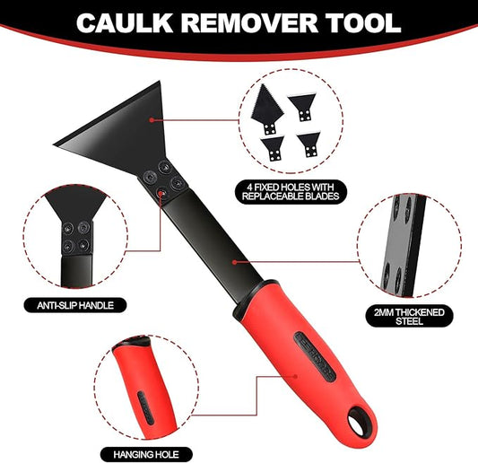 1 Caulk Remover Tool Set with 5-piece Blades - 8.7 Inch Industrial Floor Scraper Tool with Long-Handle, Replaceable Silicone Caulking Tool Kit for Glass Caulk, Adhesive, Sink Joint,Tiles, Walls