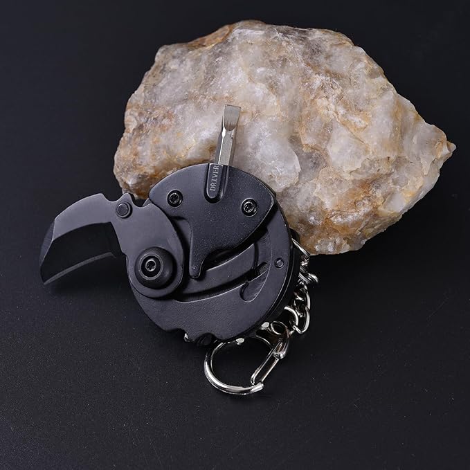 7-in-1 mini outdoor folding multifunctional tool - Small EDC Multitool with Screwdriver Set - portable pocket pendant -Compact Manual Tool (Black stainless steel)