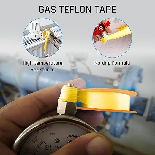 TAPEWELL Yellow Gas Teflon Tape, Pipe Thread Sealant, 260" Length 1/2" Width, for Propane, Natural Gas, & More, Pack of 2 (6)
