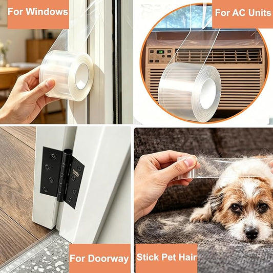 Window Sealing Tape 2 Inch x 33 FT Transparent Window Draft Insulation Residue-Free Clear Weather Stripping Caulk Tape Windproof Weatherproof Window Seal AC Units for Window Glass, Doors Gaps