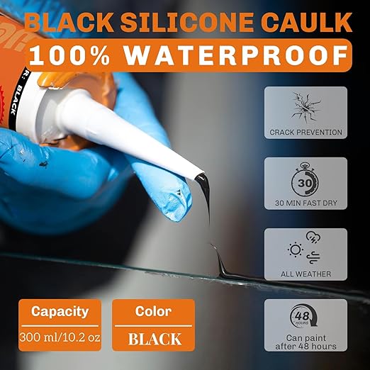 WELLUCK Black Silicone Caulk, 100% Waterproof Silicone Sealant Adhesive Caulking,for RV, Kitchen,Bathroom, Window, Door, Glass, Auto Leak Sealing 10.2FL.OZ/300ML(12 Pack)