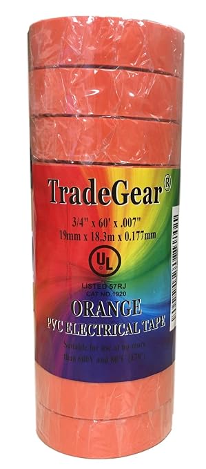 TradeGear Orange 10 Pack - UL Listed Colored Electrical Tape, 60 ft x 3/4 in, 600V, Flame Retardant, Waterproof, Rubber Adhesive - Phase Marking, Wire ID, Automotive