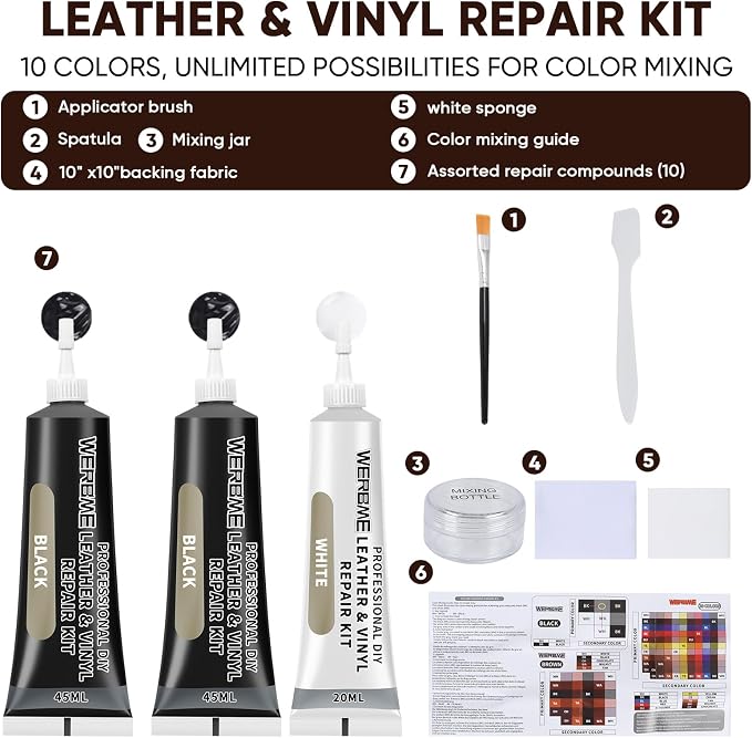 Leather & Vinyl Repair Kit, DIY Color Repair for Cracks,Scratches, Black | Blendable Colors; Flexible Formula; Strong Adhesion; Smooth Finish; Fast Drying; Long-Lasting Repair