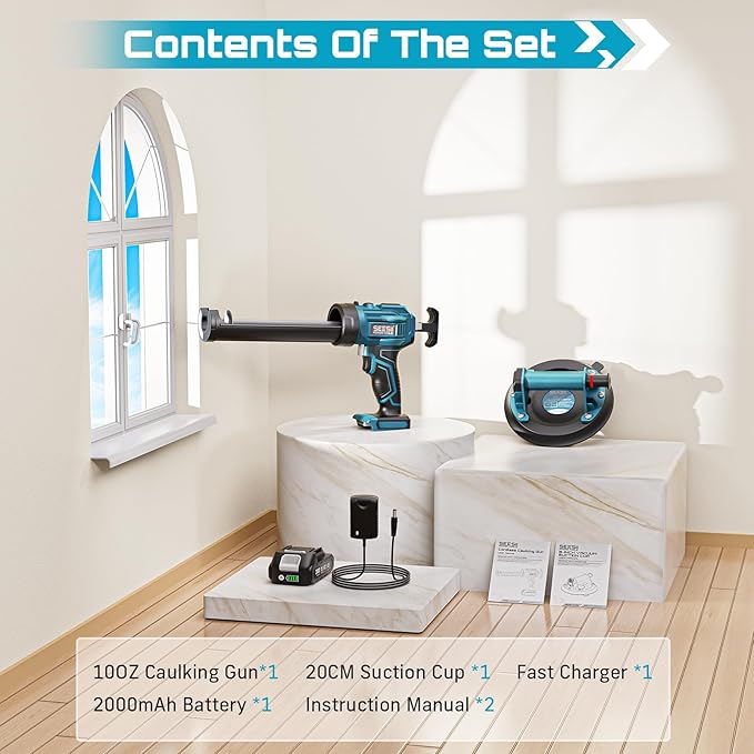 SEESII Electric Caulking Gun & Tile Suction Cup Combo – Cordless Caulk Gun with 2x 2000mAh Batteries + 200 kg Heavy-Duty Glass Suction Cup Lifter for DIY, Home Improvement & Construction