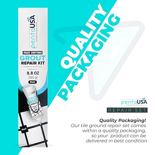 PentaUSA Tile Grout Repair Kit - Black Premixed Acrylic Sanded Grout Filler for Bathroom, Shower, and Kitchen Tile Repair, Water-Resistant Tube with Applicator, Fills Cracks and Gaps, (8.8oz / 250g)