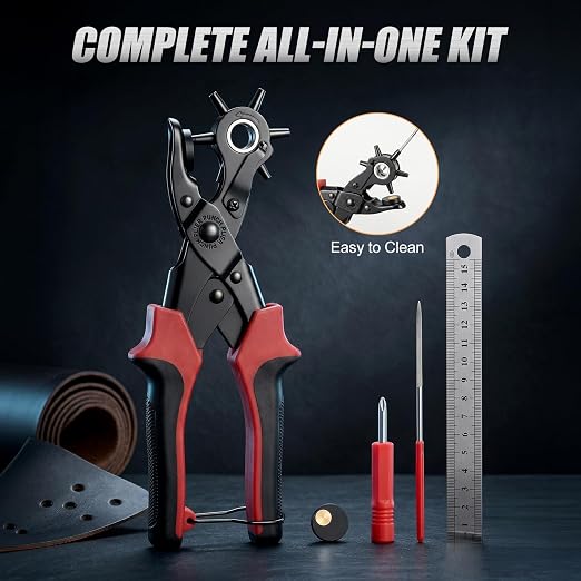 XZQTIVE 6 Sizes Heavy Duty Revolving Punch Plier Kit, Double Lever Labor-Saving Belt Hole Puncher Tool Set for Leather Repair, Watch Bands, Bag Straps, Dog Collars, Saddles, Shoes, Fabric, DIY Crafts