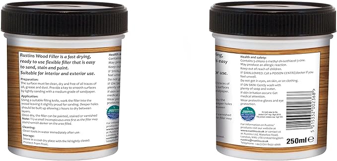RUSTINS Acrylic Wood Filler, White, 400g - Multi-Purpose Wood Repair Compound for Cracks, Gaps, & Surface Imperfections – Quick-Drying, Sandable, & Paintable for Interior & Exterior Use