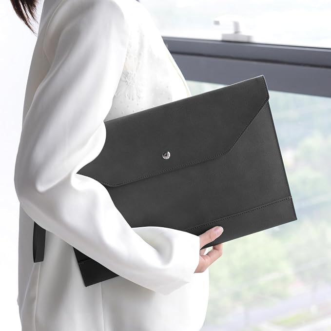 Wonderpool Envelope Case A4 PU Leather File Jacket Pocket Folder Document Case Bag with Removable Hand Strap and 4 Pocket for Documents Tablet Phone Stationery (Dark Gray)