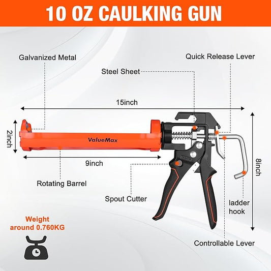 ValueMax 6Pcs Caulk Tool Kits, Caulk Gun and Caulk Scraper Kit, 10 OZ Silicone Caulking Gun, 3 in 1 Sealant Finishing Grout Scraper for Bathroom Kitchen Sink Joint, All in One Caulking Tools