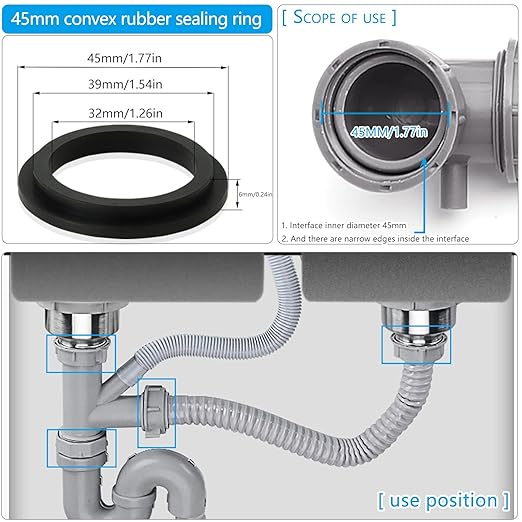 4PCS 45mm (1.77") Multi-Shape Silicone Sealing Gaskets - Convex/L/O-Shaped Washers for Kitchen Sink Drain & Inclined Sliding Joints, Leak-Proof & Durable