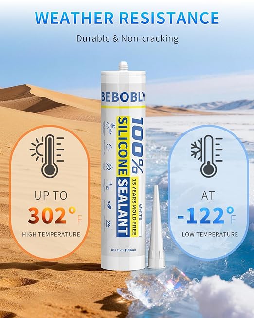 White Silicone Caulk & Sealant, 100% Waterproof Silicone Sealant Caulking, Shrink & Crack Proof, Silicone Caulking for Kitchen, Bathroom, RV, Interior & Exterior Use, 10.2 FL. OZ/300ML, 4 Pack