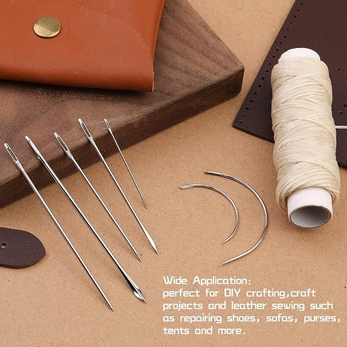 Ftyiwu Waxed Thread with Leather Hand Sewing Needles 32 Yards, 150D Flat Sewing Waxed Thread, and Leather Repair Needles for Home Upholstery Carpet Canvas Repair (Beige)