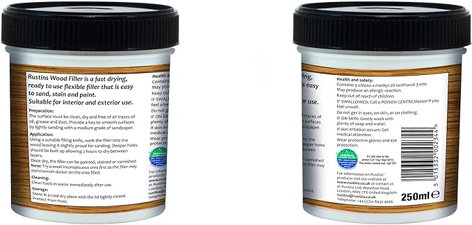 Rustins AWOOO250 Acrylic Wood Filler, Oak, 400g - Multi-Purpose Wood Repair Compound for Cracks, Gaps, & Surface Imperfections – Quick-Drying, Sandable, & Paintable for Interior & Exterior Use