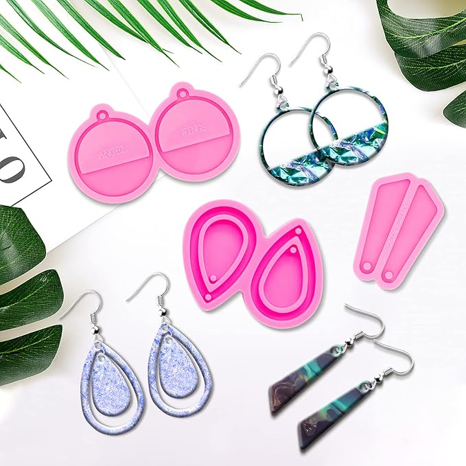 103Pcs DIY Earring Resin Molds Kit - Tear Drop/Quadrangle/Retro Circle Shape Silicone Mold Epoxy Earring Pendant Casting Mould with Silver Earring Hooks for Jewelry Making Supplies, Women Earrings