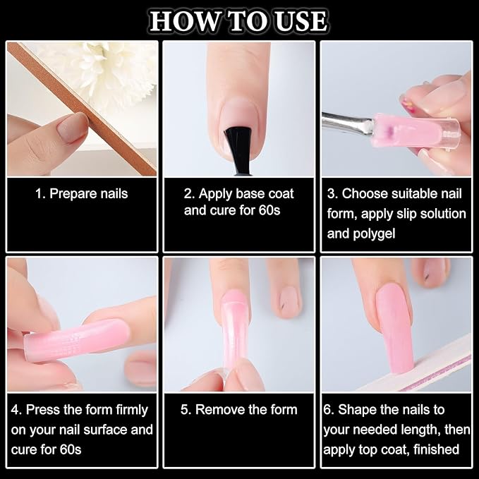 SUTOKAKA 288Pcs Polygel Nail Form Kit 12 Style 12 Sizes Reusable Nail Extension Mold Dual Forms with 6Pcs Nail Clips, Nail Slip Solution, Brush Pen, Nail File & Cuticle Pusher for Beginners