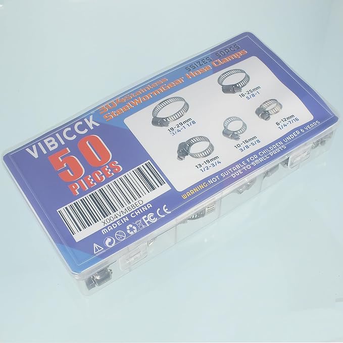 50pcs of 6-29 mm / 1/4 inch - 1-1/8 inch flexible hose clamps, 304 stainless steel worm-type hose clamps, suitable for pipes, intermediate coolers, water pipes, fuel pipes