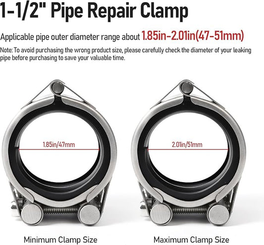 Upgraded Pipe Repair Clamp with M1 Self-Adhesive Leak-Sealing Tape | 304 Stainless Steel Rust-Proof Emergency Pipe Repair Kit for Plastic & Metal Pipes, 1-1/2"(47-51mm)