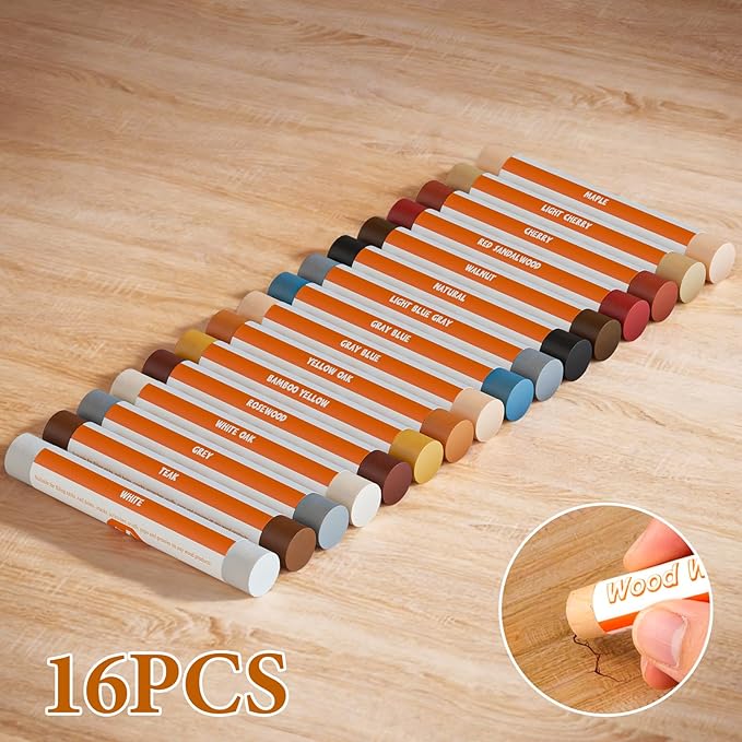 Wood Filler Sticks, 16 Colors Wax Filler Touch Up Pen, Wood Repair Crayons to Fix Scratches, Scuffs, Cracks, Stains and Holes on Hardwood Floors, Furniture, Cabinets, Tables, Doors