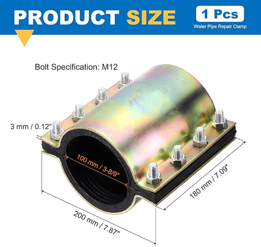Water Pipe Repair Clamp, 7.09 Inch Length, 3-8/9 Inch ID Carbon Steel Leak Sealer Clamp, Leak Stoppers Pipe Repair Kit for 100mm OD PE PVC PPR Steel Iron Pipes