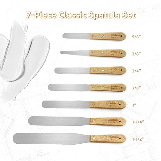 7-piece Caulking Spatula with Wooden Handle, Professional Stainless Steel Caulk Tool Set Finishing Tools, Streamline Spatulas for Caulk Application