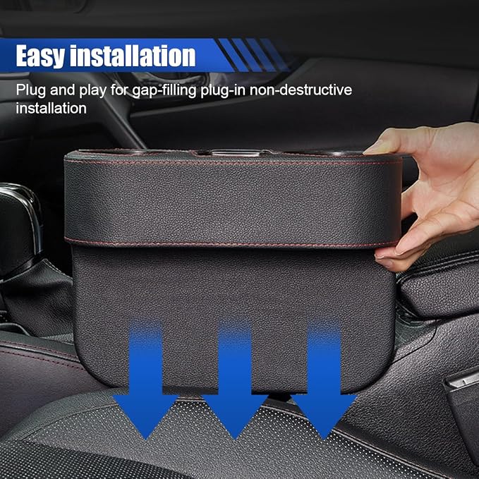 KITUREK Car Cup Holder, PU Leather Cover Auto Front Seat Organizer, Black | Multifunctional Cup Drink Holder, Gap Filler Coin Bucket Storage Box, Console Side Pocket, Cell Mobile Phone Holder