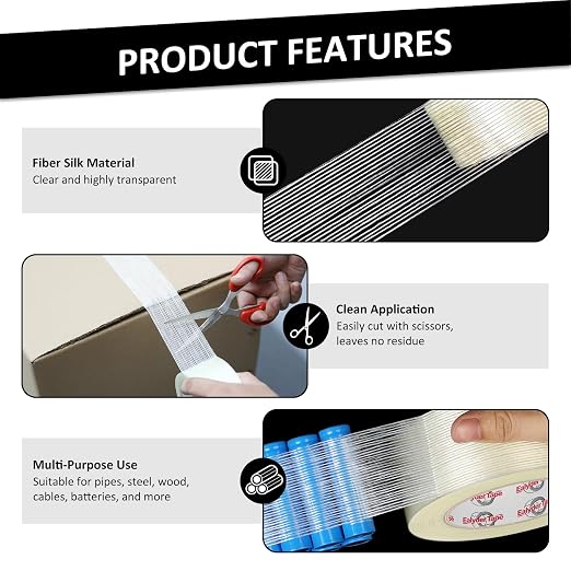 2 Inch x 30 Yards Transparent Reinforced Fiberglass Tape – 5.5 Mil Filament Strapping Tape, Adhesive Heavy Duty