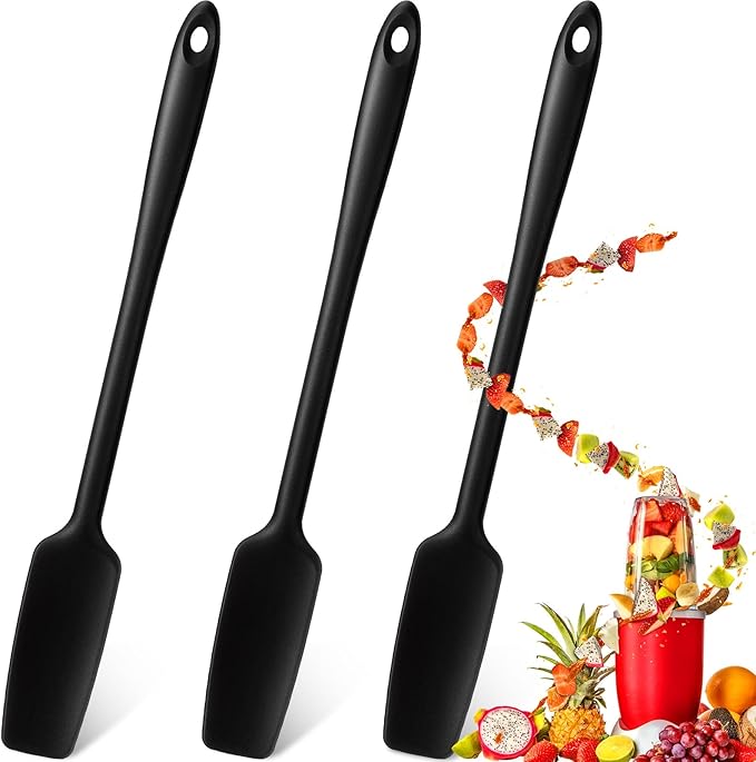 Patelai 3 Pieces Silicone Jar Spatula Long Handle Rubber Spatula Heat Resistant Non-Stick Silicone Scraper Kitchen with Stainless Steel Core for Baking(Black)
