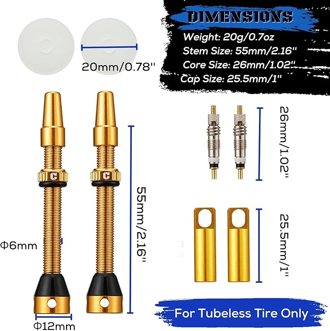 Corki Cycles Tubeless Presta Valve Stem 40 44 55 60 80 100mm with 2PCS Valve Core and 2PCS Remover Tool (Black Red Gold Rainbow)