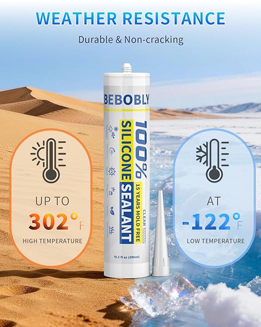 Silicone Caulk & Sealant Clear, 100% Waterproof Silicone Sealant, Shrink & Crack Proof, Silicone Sealant Caulking for Kitchen, Bathroom, RV, Interior & Exterior Use, 10.2 FL. OZ/300ML, 1 Pack