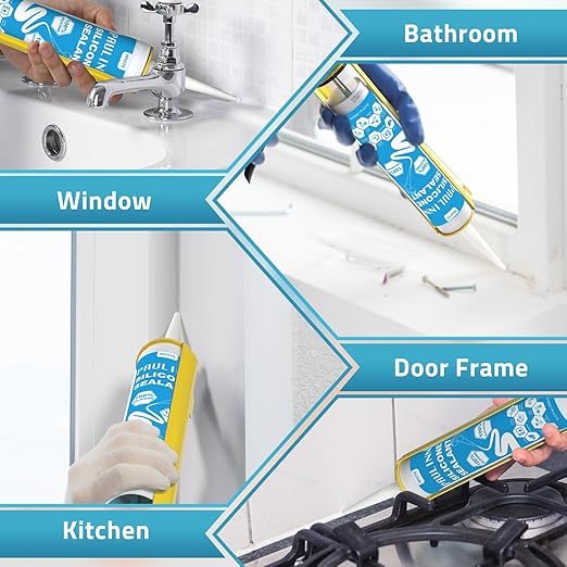 PAULINN 4 Pack White Silicone Caulk Waterproof 100% Silicone Caulk for Kitchen & Bathroom