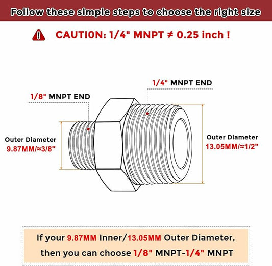 Pack of 10, 1/4" MNPT To 1/8" MNPT Solid Brass Hex Nipple Hose Connectors W/Sealing Tapes, Male Pipe Adapter for Pipe Leak Repair, Bathroom Remodeling, Tool Extension, Compression