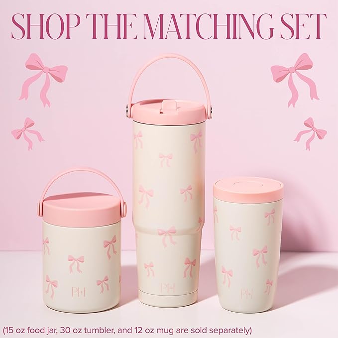 Paris Hilton Double Wall Stainless Steel Food Jar, Vacuum Insulated Leakproof Thermal Lunch Container with Printed Pink Bow Design, Keeps Food Hot or Cold for Hours, 15-Ounce, Marshmallow Dreams White